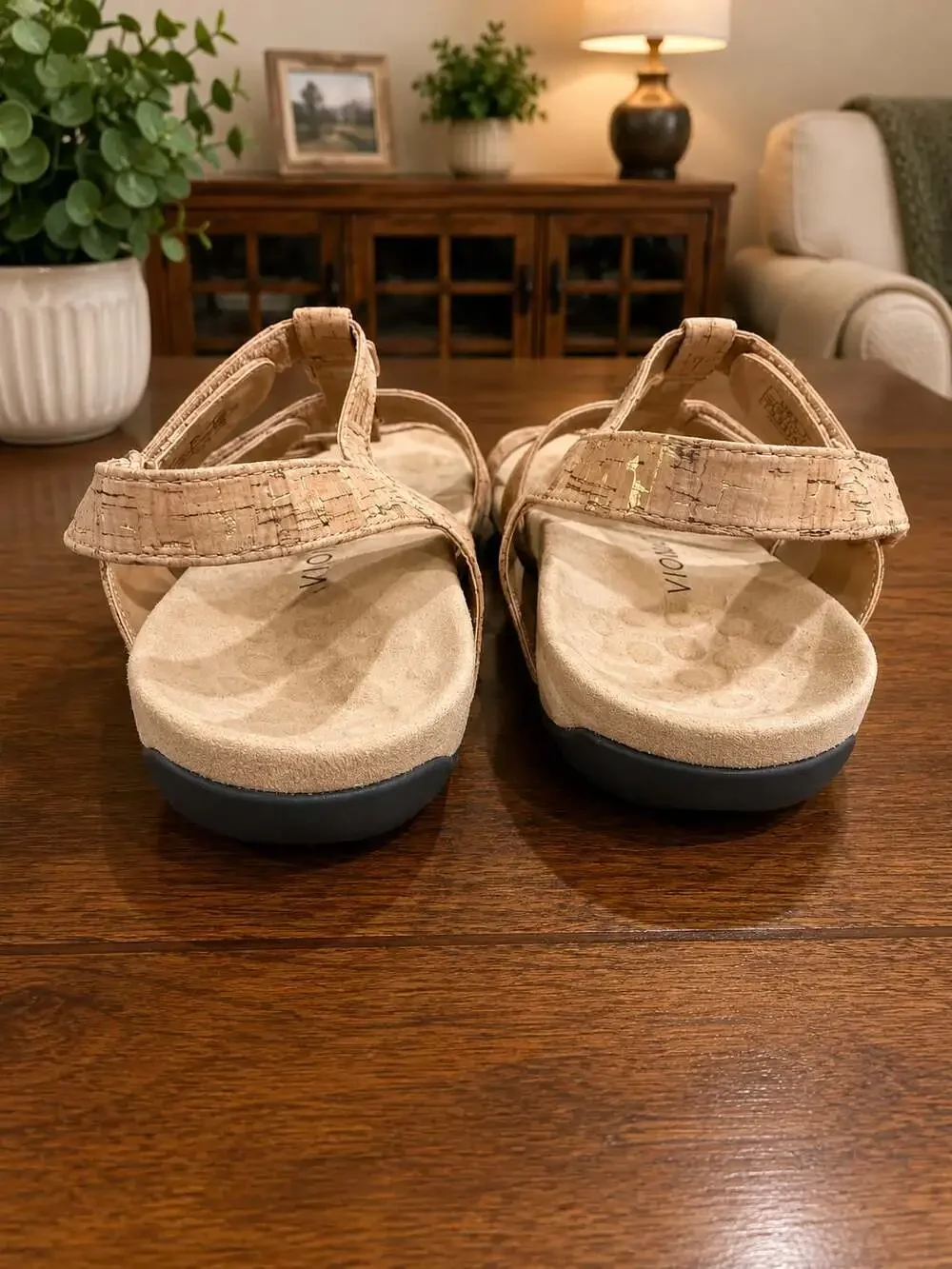 Vionic Orthaheel Cork Print Adjustable Comfort Sandals Beige Arch Support